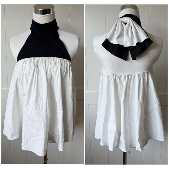 Caroline Constas Bow Halter Top White Sz M Volume Babydoll Peplum Color-block - Picture 1 of 15